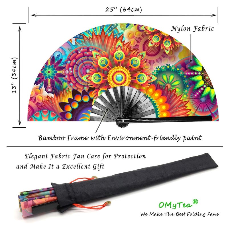 OMyTea Large Bamboo Rave Festival Folding Hand Fan for Men/Women - Chinese Japanese Handheld Fan with Fabric Case - for Electronic Dance Music Party, Performance, Decorations, Gift (Fantasy Flowers) - Image 2